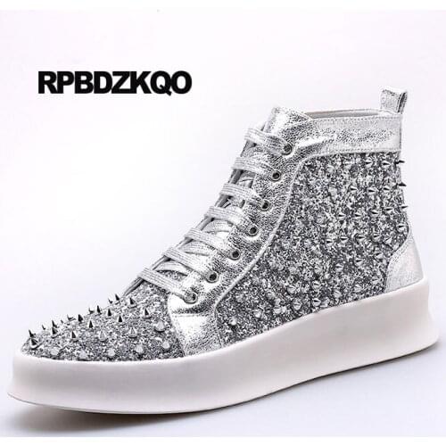 Stud Rubber Men Rivet Sneakers Casual Elevator Skate Silver Black Glitter Shoes Hip Hop High Top Spring Spike Dandelion Trainers