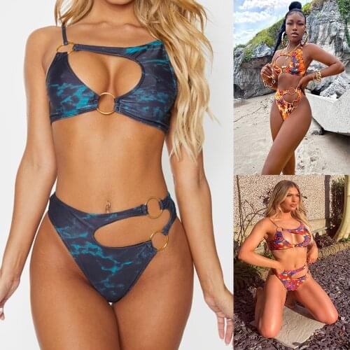 Tie Dyed Blue Bikini Set Summer Sexy Two Piece Swimwear Cut Out Swimsuit High Waist Women Bathing Suit Print Backless Beachwear