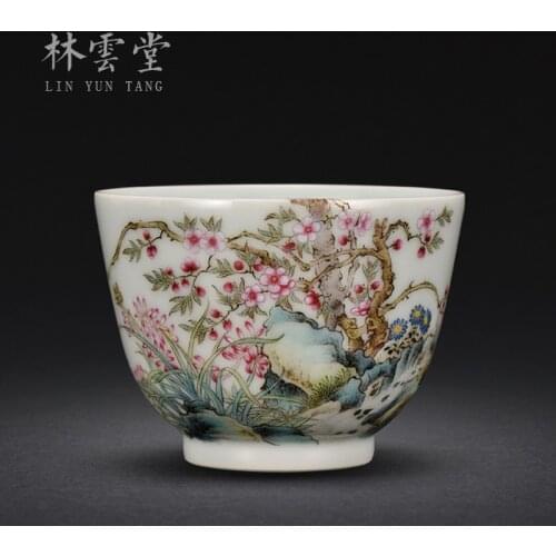 Lin Yuntang hand painted pink peach blossom Master Cup single cup Jingdezhen handmade ceramic kungfu tea cup