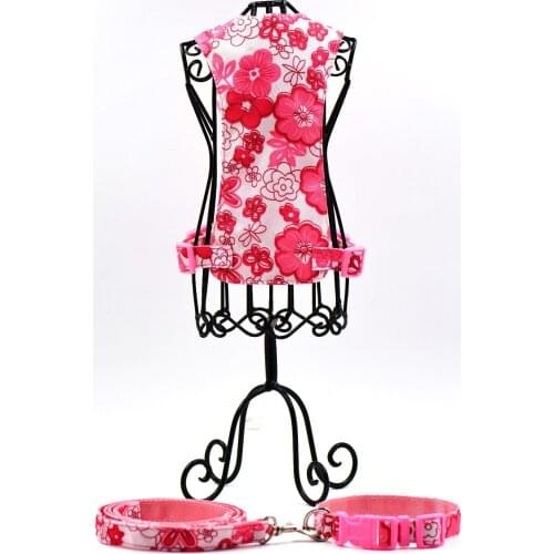 Fashion pink Flowers pattern dog harness+leash+collar nylon soft dog harness matching small dog collar leash set adjustable S L