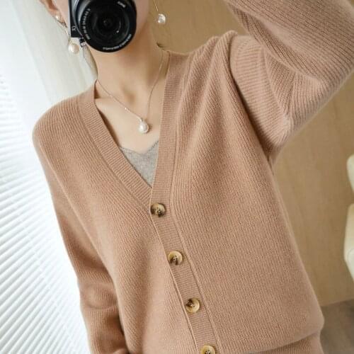 New womens sweater 100% pure wool V-neck knitted jacket Solid color thick loose large size long sleeve cardigan sweater