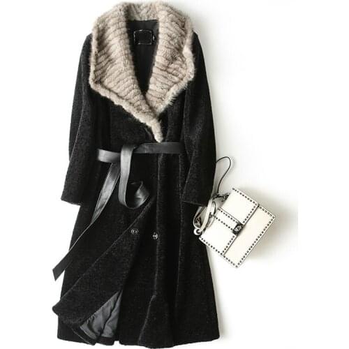2020 Luxury Sheep Coat Female Thick Winter Jacket Women Wool Coats Natural Mink Fur Collar Long Slim Outwear 17069