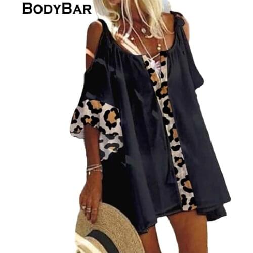 Sexy Short Sleeves Leopard Printed Loose Dress Patchwork Off Shoulder Party Dresses Spring Hollow Mini Dress Women Holiday Dress