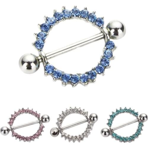 Luxury Full gem lake Light Blue/Pink/clear crystal Paved Circle Nipple Shield Rings Body Piercing 14G 1Pair Body Jewelry