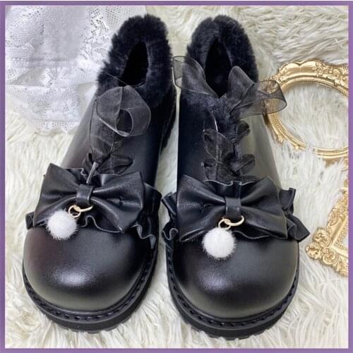 Japanese Winter Round Head Thick Mid Heel Lolita Womens Shoes Student Cotton Warm Cosplay Anime Gothic Bow Platform Plus Velvet