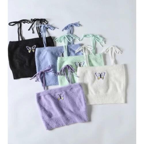 Harajuku Butterfly Embroidery Camis Top Women Summer Sleevlesss Lace Up Spaghetti Strap Crop Tops Ins Fashion Fluffy Skinny Vest