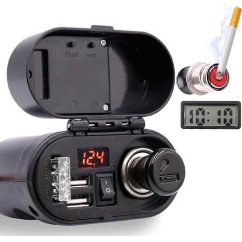 Motorcycle Waterproof Car Cigarette Lighter Socket Kit Dual USB Charger Power LED Voltmeter Time Display power adapter