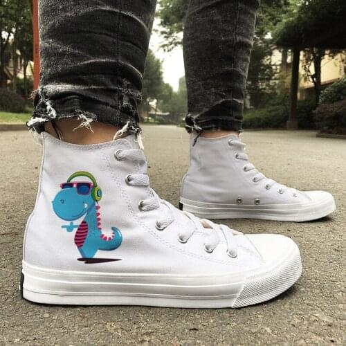 Wen Original Cartoon Dinosaur Earphone Listen to Music High Top Designs Men Skateboard Shoes White Black Women Canvas Sneakers