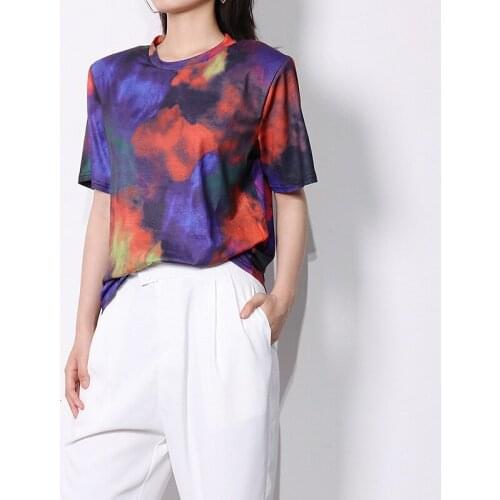 Tie-Dye Hit Color Oversized Short-Sleeved Printed Pullover Womens T-Shirt 2021 Summer New Round Neck Casual Clothes