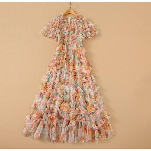 European and American womens wear for summer 2021 Short sleeve V-neck mesh print Fashion pleated dress