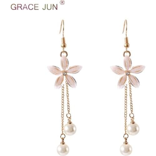 GRACE JUN Gold Color Double Tassel Flower Shape Clip on Earrings for Women Luxury Fashion Opal Pearl Long Drop Pierced Earrings