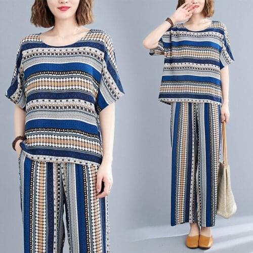 2021 New Arrival Thin Soft Cozy Women Clothes Set Loose Tops Wide Leg Pants 2 Two Piece Summer Set Print Casual Set Suits