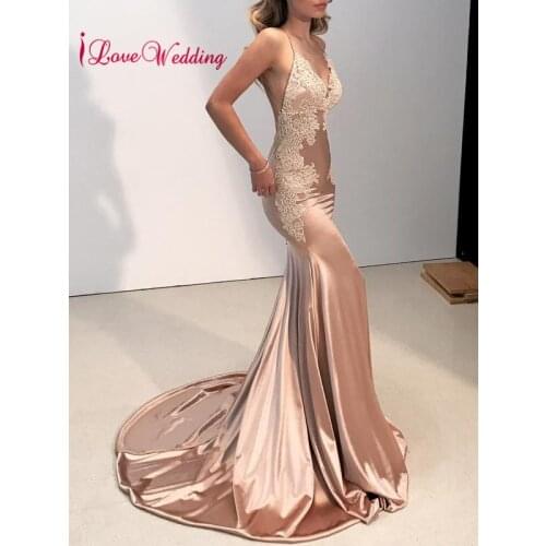 New Fashion 2020 Sexy V Neck Lace Applique Champagne Satin Custom made Mermaid Long Evening Dresses