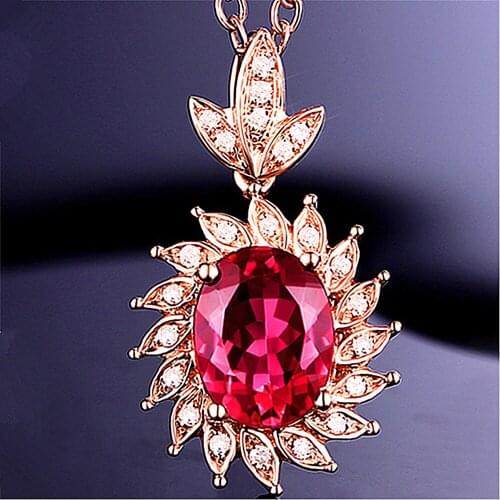 FASHION SUNFLOWER RED CRYSTAL RUBY GEMSTONES DIAMONDS PENDANT NECKLACES FOR WOMEN 18K ROSE GOLD COLOR CHOKER JEWELRY LOVER GIFTS