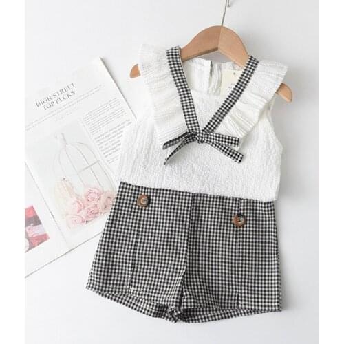 2021 Summer Baby Girls Clothes Sets Kids Solid Color Suit Sleeveless Chiffon Bow Top+ Plaid Pattern Shorts 2PCS Casual Outfits