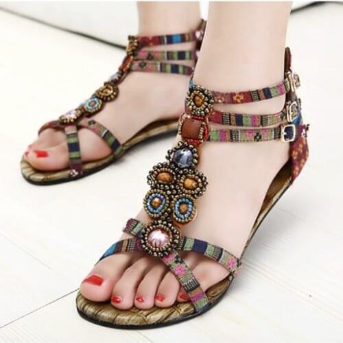 2016 summer designer gladiator sandals women rhinestone beading sandalias Bohemian style narrow band sandals print ladies shoes