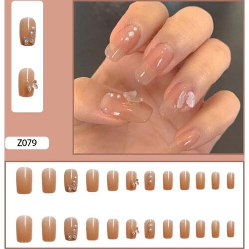24pcs Pearl Inlaid Nail Patch Glue Type Removable Long Paragraph Fashion Manicure Save Time False Nail Patch TN