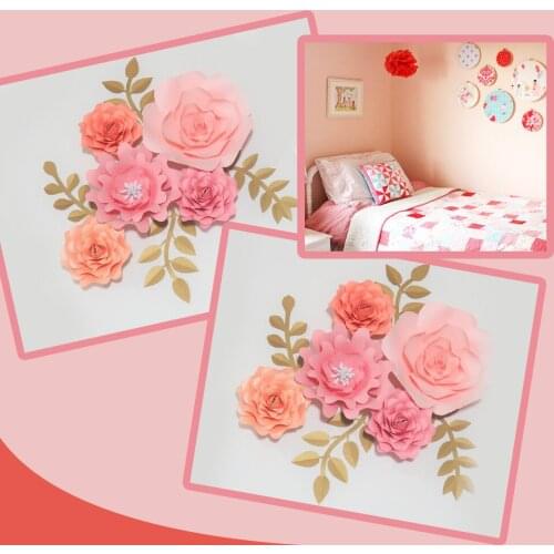Pink DIY 5pcs Giant Paper Rose 4pcs Leaves Flores Artificiales Fleur Artificielle For Wedding & Event Backdrop Party Nursery