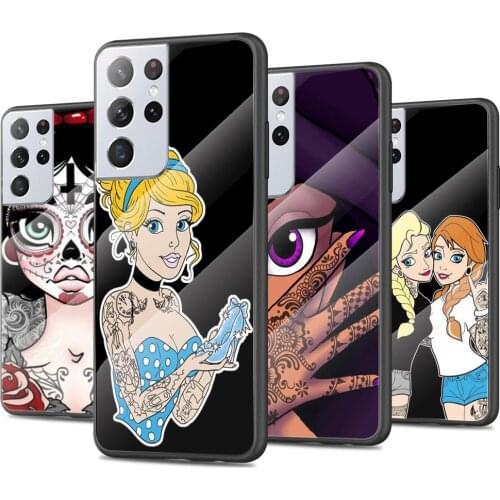 Tattoo Disney Princess Tempered Glass Cover For Samsung Galaxy S21 Plus Ultra M21 M31 M51 A52 A72 Phone Case Coque