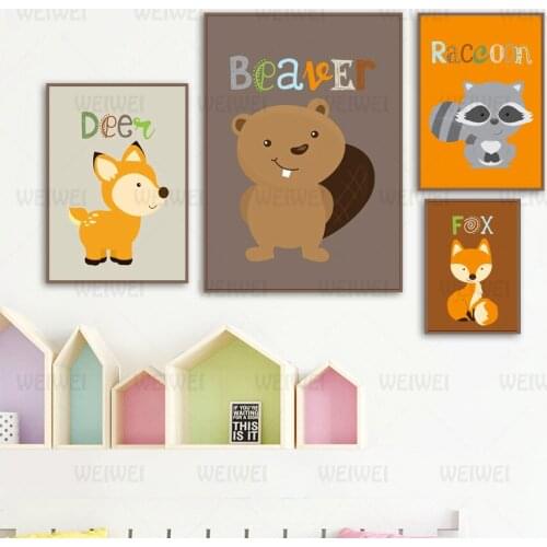 Nursery Room Cartoon Canvas Painting Cute Animal Warm Home Decoration Fox Raccoon Kid Room Wall Picture for Living Room Decor