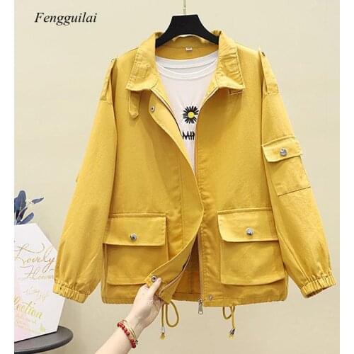 Fengguilai Women Jacket Casual Windbreaker Coat 2019 Basic Coat Fashion Big Pocket Ribbon Zipper Jackets Female Loose Outerwear