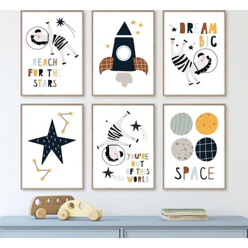 Cartoon Rocket Space Planets Astronaut Zebra Wall Art Canvas Painting Nordic Posters And Prints Wall Pictures Kids Room Decor