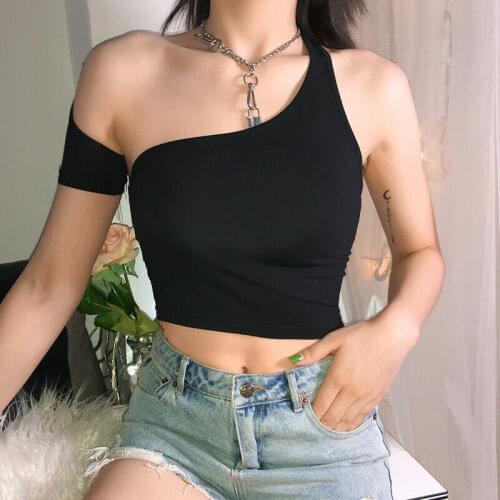 New Women Black One Shoulder Sleeveless Sexy Fashion Crop Tanks Tops Summer Hot Bralet Vest Unique Casual Slimmer Tank Sun-Tops