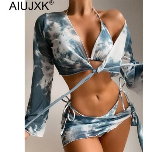 AIUJXK Tie Dye 4 Piece Set Swimsuit Women 2021 Thong String Bikini And Cover Ups Beach Wear Swimwear Female Sexy Bathing Suit