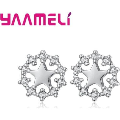 Fashion 925 Sterling Silver Holiday Christmas Party Flower Shaped Five Pointed Star Pattern Crystal Zircon Earrings