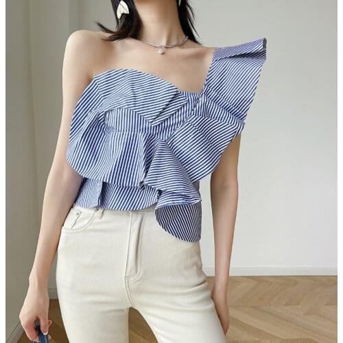 Fashion Womens Tops New Summer 2021 Irregular Falbala Stripe One shoulder Clavicle Slit Neck Shirt Female Tops