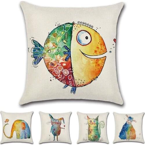 Cartoon Hand Drawing Style Colorful Cute Animals Cat Fish Elephant Throw PillowCase Sofa Kids Room Car Decorative Cushion Cover