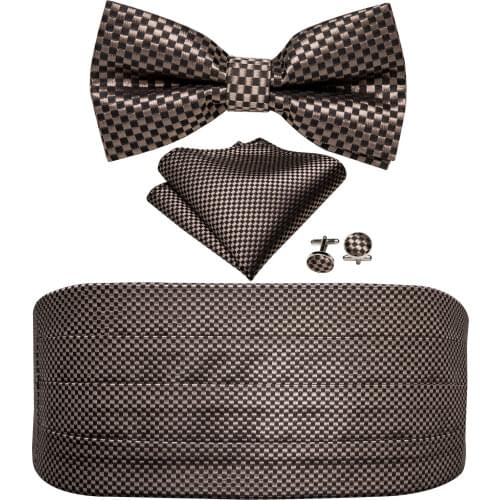 Barry.Wang Mens Brown Bow Tie Plaid Cummerbund Checked Bow Ties Handkerchief Cufflinks Cummerbund Waist Belt for Wedding YF-1024