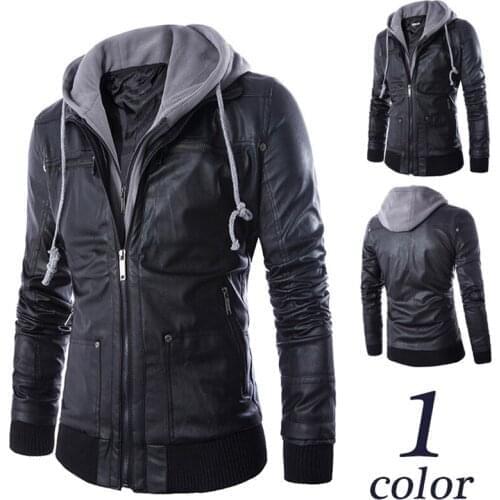 Newest Sportswear Hiking Jacket Mens Hooded Cool PU Leather Jackets False Two Mens Motorcycle PU Leather Coats Zipper Pocket