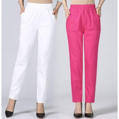 Womens Pants High Waist Spring Summer Cotton Pant Middle-aged Ladies Large Size Casual Straight Trousers Women Plus Size Pants