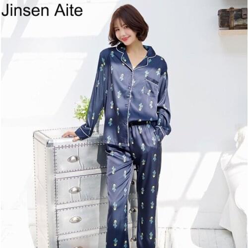 Jinsen Aite New 2019 Women Pajamas Sets Print Silk Print Autumn Winter 2 Piece Pijamas Set Men Sleepwear Couple Homewear JS838