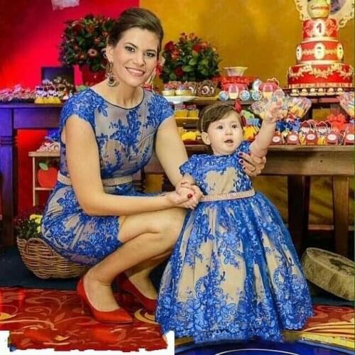 Royal Blue Mother Daughter Dress For Bithday Dress Family Matching Outfits Princess Kids and Mother Dresses Clothes