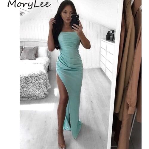 Prom Dresses Mermaid Mint Scoop Side Slit Sweep Train Silk Satin Pleated Prom Dresses With Lace Up vestidos de fiesta de noche