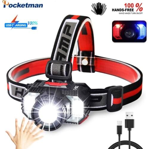 15000LM Lumen LED Headlamp With IR Sensor USB Rechargeable Head Light With Front Light COB Outdoor Night Camping Searching Lamp
