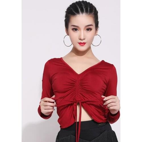 Latin Dance Top Adults Sexy Drawstring V Neck Salsa Tango Cha Cha Rumba Samba Dancing Clothing Women Practice Wear DNV11896