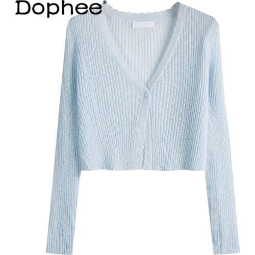 V-neck Knitted Cardigan for Women Thin All-match Single-breasted Knitwear 2021 Summer New Gentle Long Sleeve Short Elegant Top