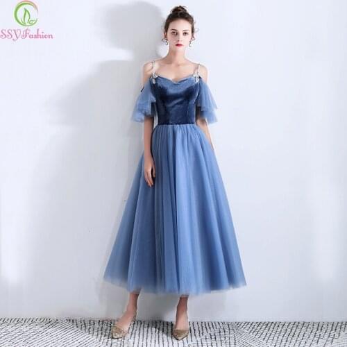 SSYFashion Evening Dress New Blue V Collar Banquet Velour with Tulle Tea-length Elegant Formal Party Gowns Vestidos De Noche