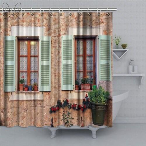 Aplysia Two French Rustic Windows with Old Green Shutters and Flower Pots in Stone Rural House Provence France Shower Curtains