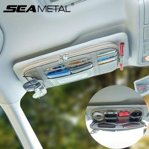 Car Sunshade Storage Bag Interior Auto Sun Visor PU Leather Organizer Pocket Support Card Pen Sunglasses Phone Holder Accessory