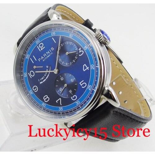 Classic PARNIS Men Watch Power Reserve Indicator Watch Case Date Function Round Wristwatch 42mm Polishe