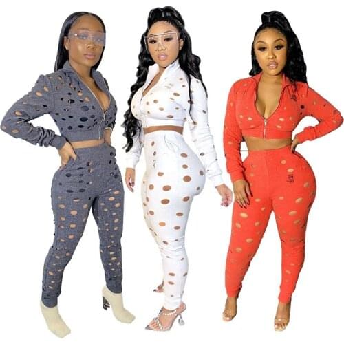 Ripped 2 Piece Set Women Casual Tracksuit Hollow Out Jacket Crop And Pants Suit Summer Outfits Zipper Matching Sets Female