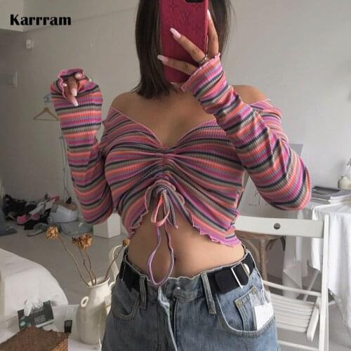 Karrram Rainbow Striped V-neck Crop Top Women Long Sleeve Shirring Design Sexy Slim T Shirt E Girl Chic Knitted Tops Korean 2021