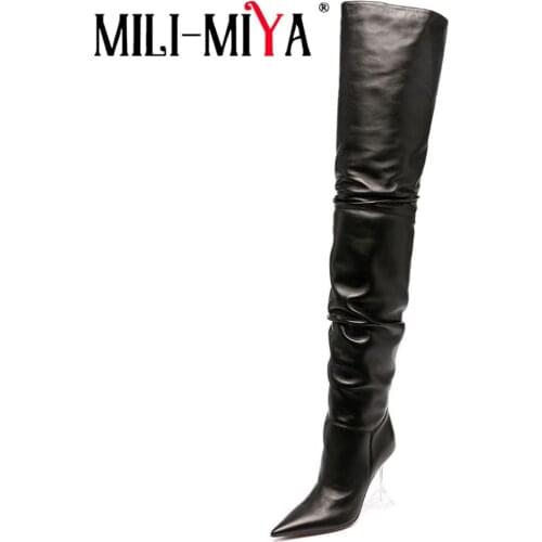 MILI-MIYA Sexy Pointed Toe Clear Strange Style Heel Over Knee Boots Fashion Zip Pleated Soft Leather Solid Color Celebrity Shoes