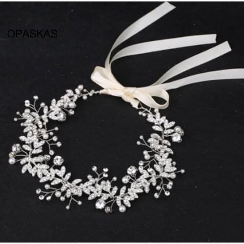 Fashion Elegant Silver Rhinestone Leaf Alloy Pearl Girl Headband Ribbon Bridal Wedding Hair Accessories Hair Jewelry VL