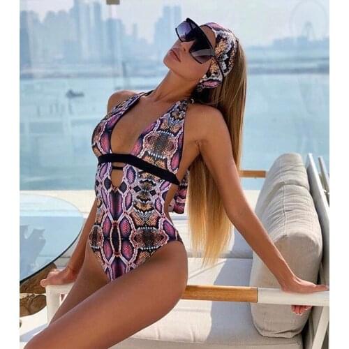 New Sexy One Piece Swimsuit Push Up Swimwear Women Snake Print Monokini V Neck Halter Swimsuit Bodysuit Bathing Suit Swim Wear