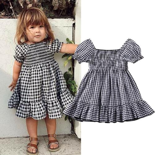 1-5T Toddler Kids Baby Girls Dress Summer Clothes Plaid Short Puff Sleeve Off Shoulder Ruffle A-line Dress Lovely Outfit